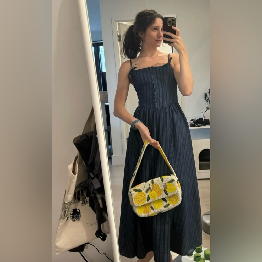 Moon River Strap Bow Detail Denim Midi Dress - Picture 6 of 15